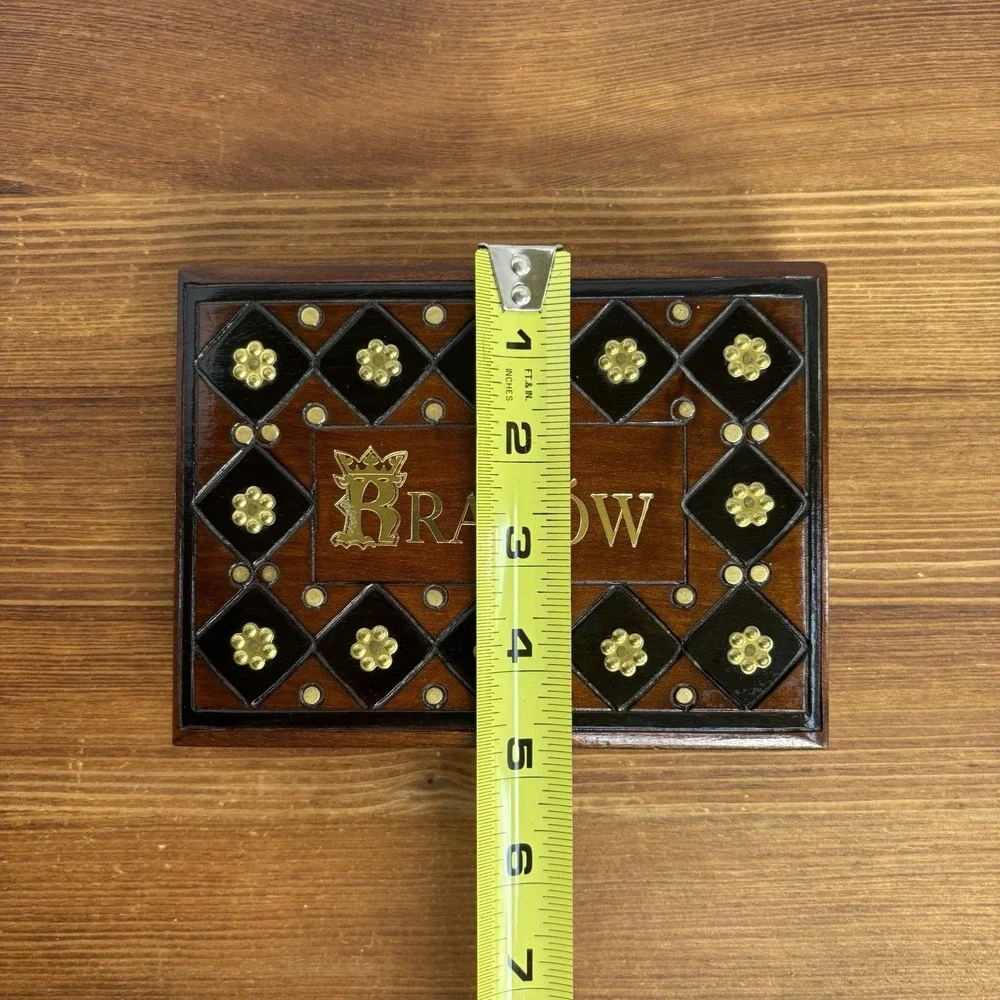 Vintage Kraków Poland Wooden Trinket Jewelry Box Gold Tone Metal Accent Souvenir